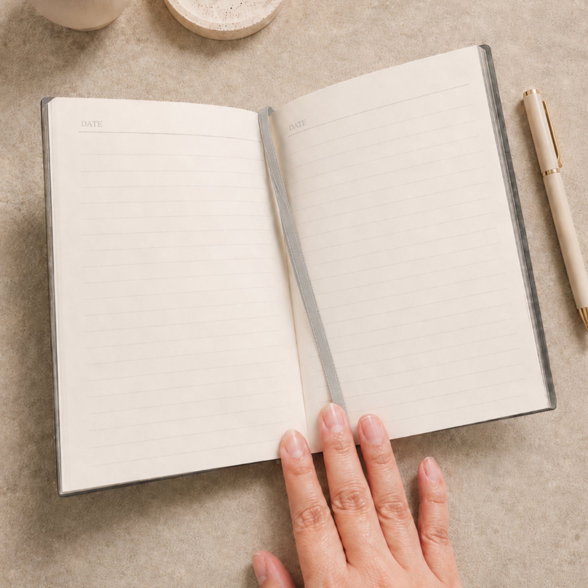 Personalised cork A5 journal notebook open showing ruled ivory pages