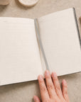 Personalised cork A5 journal notebook open showing ruled ivory pages
