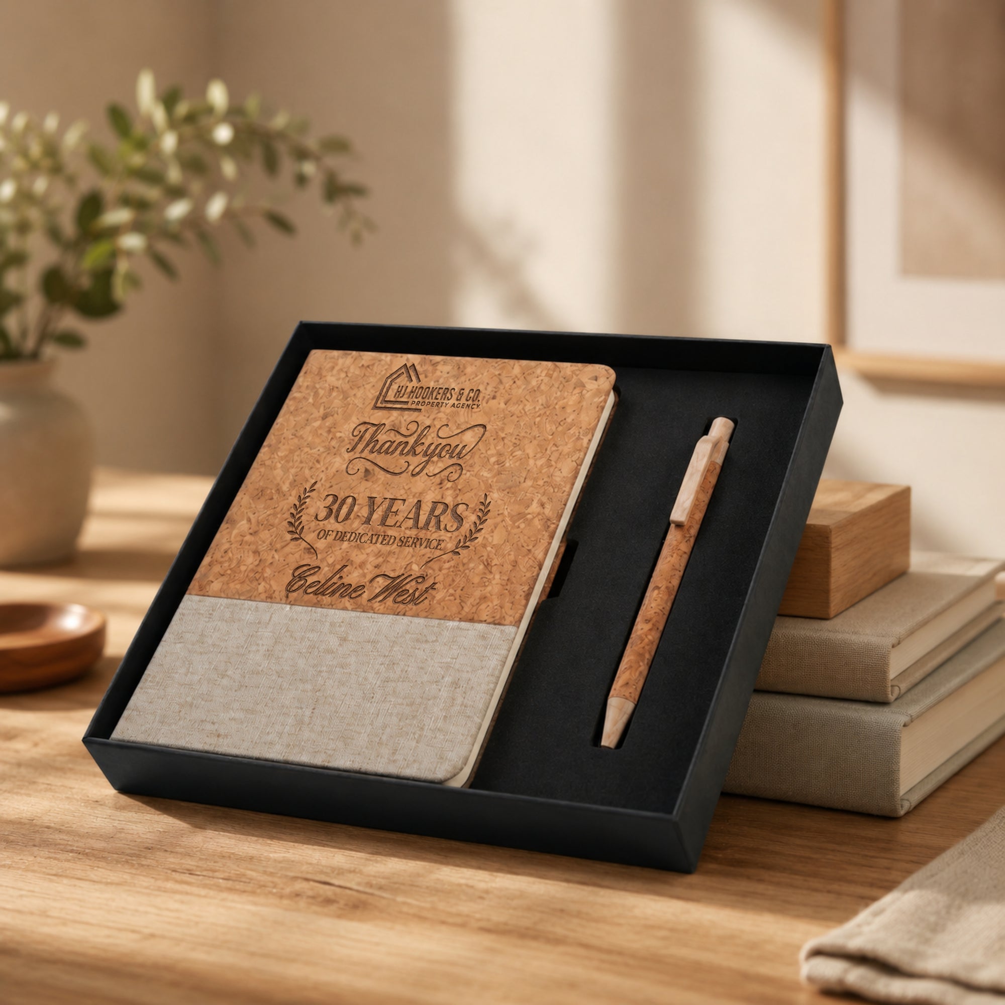 Personalised engraved cork and fabric A5 notebook with eco pen presented in a black gift box