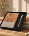 Personalised engraved cork and fabric A5 notebook with eco pen presented in a black gift box