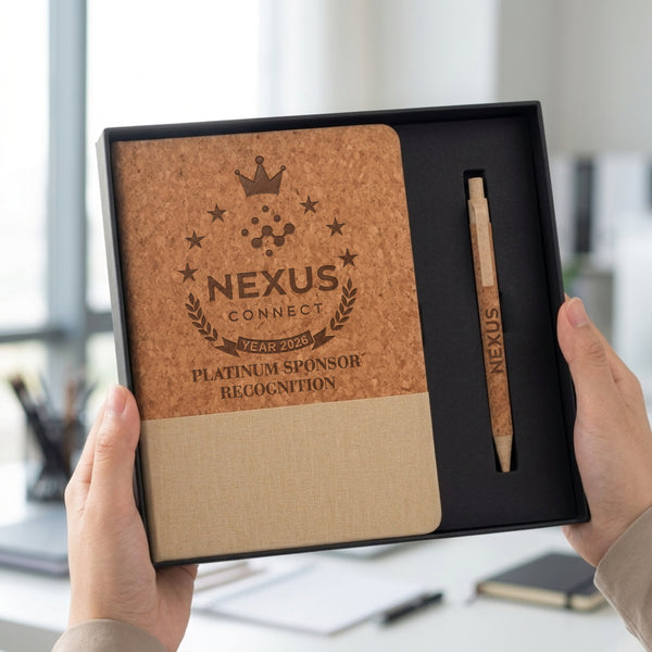 Personalised Engraved Cork & Fabric A5 Journal Notebook with Pen Gift Box Set