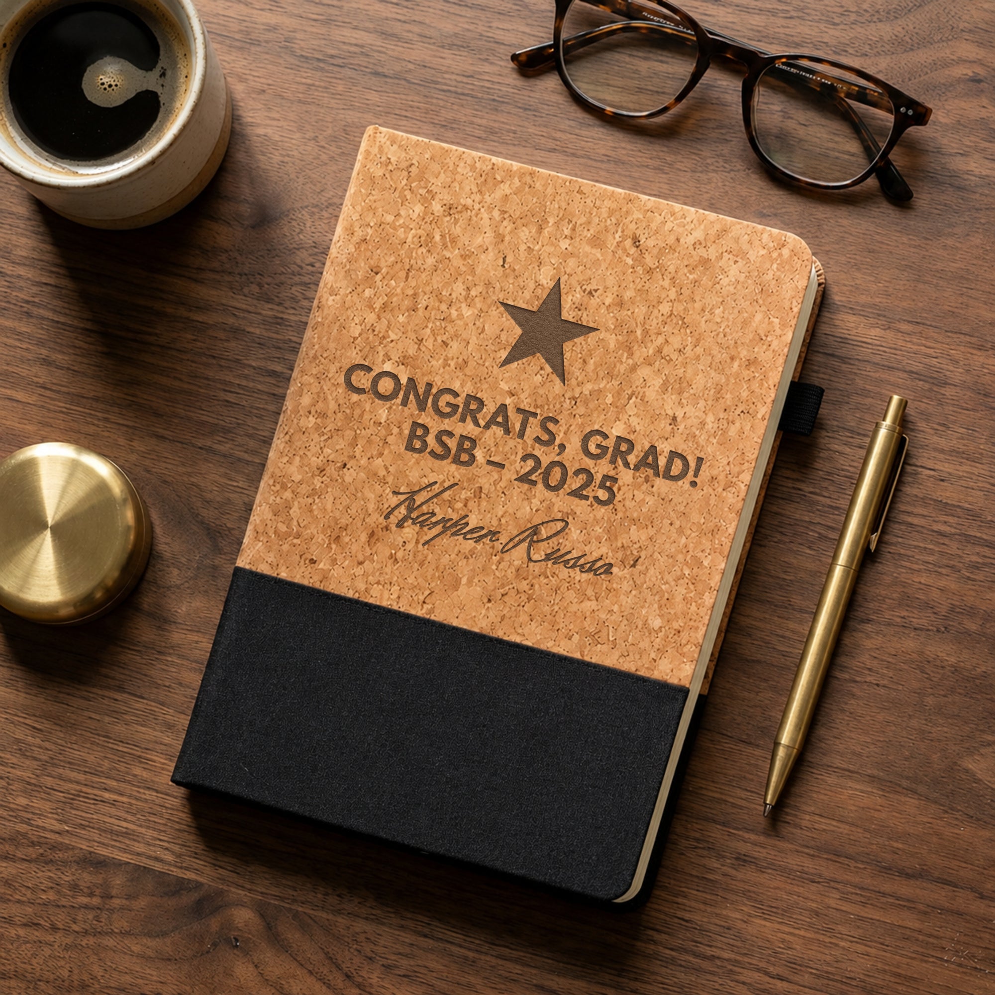 Personalised engraved cork A5 notebook with black fabric panel – custom graduation gift