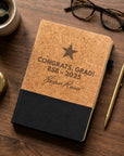 Personalised engraved cork A5 notebook with black fabric panel – custom graduation gift