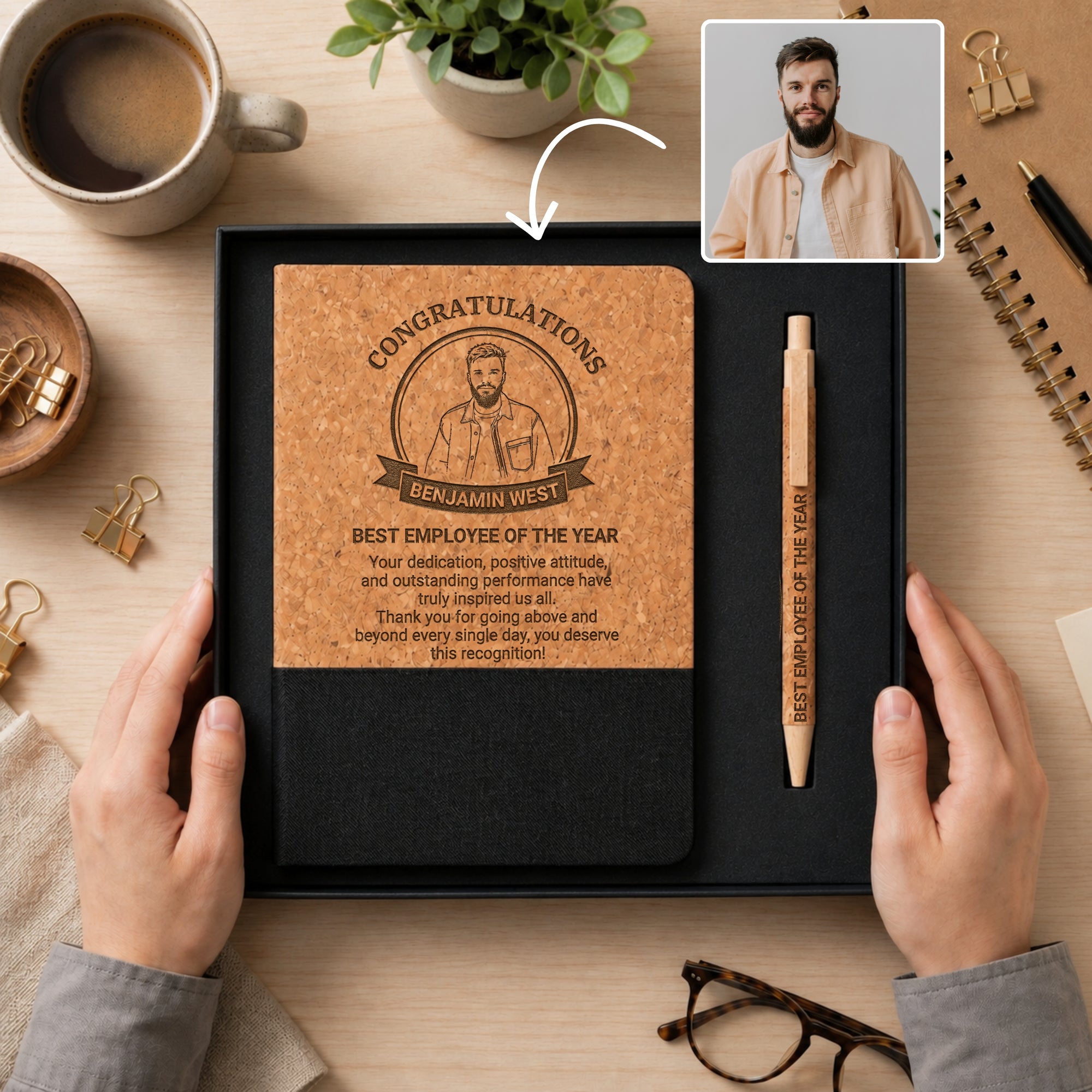 Personalised engraved cork A5 notebook and eco pen gift set – employee recognition and corporate gift