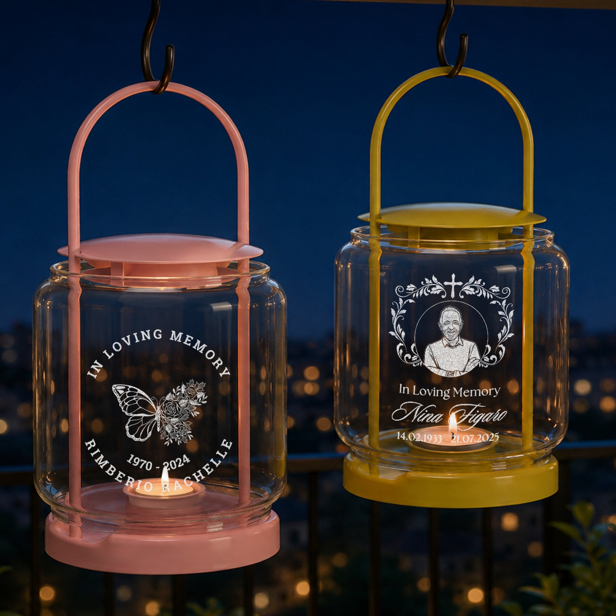 Personalised engraved cylinder glass memorial lantern lit with tealight – in loving memory sympathy gift