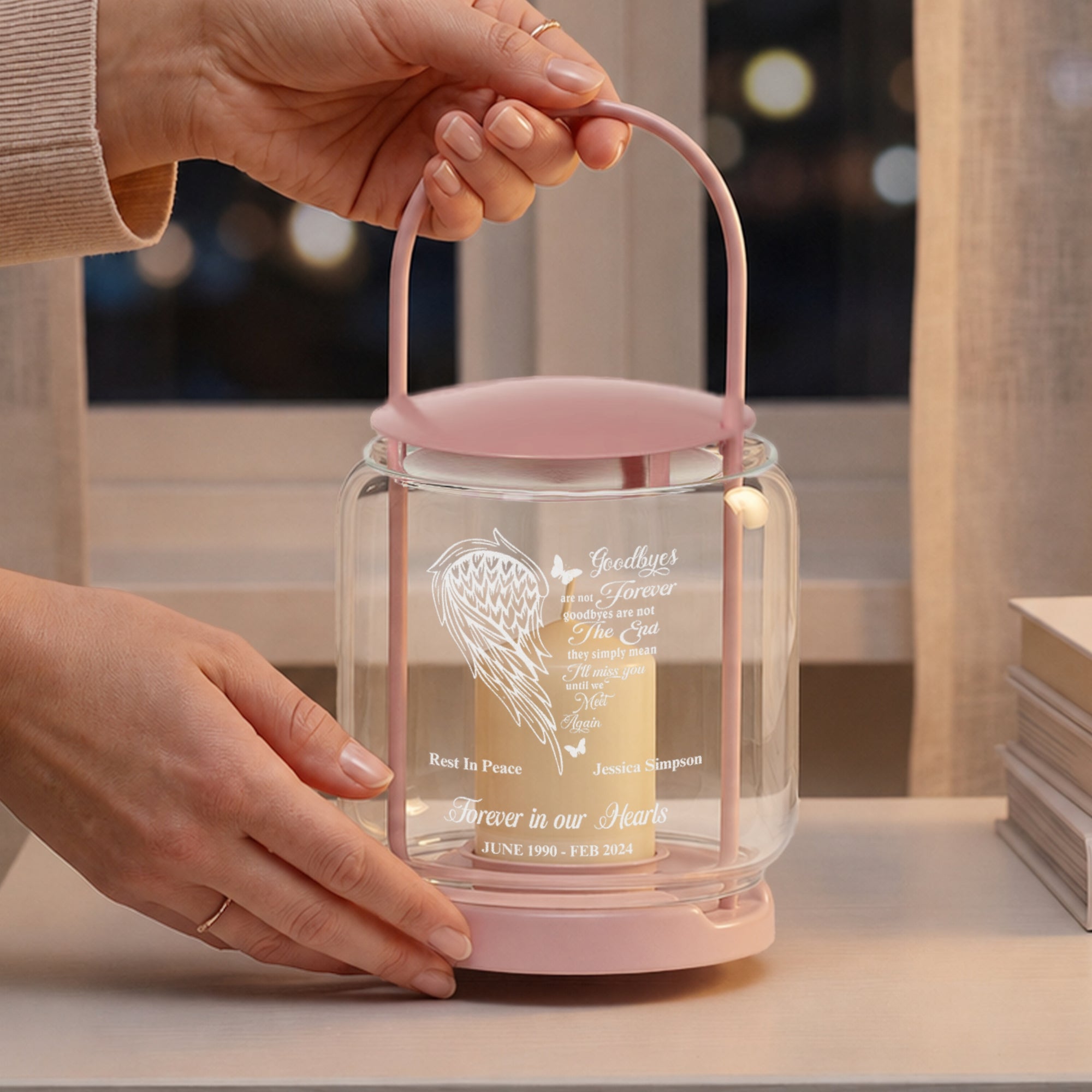 Personalised engraved cylinder glass memorial lantern with carry handle and tealight – in loving memory remembrance gift