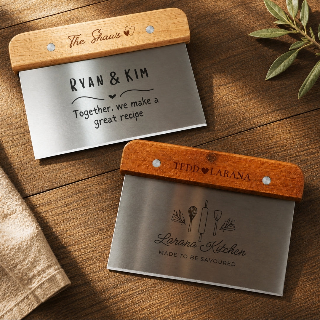 Personalised stainless steel dough scraper with engraved wooden handle