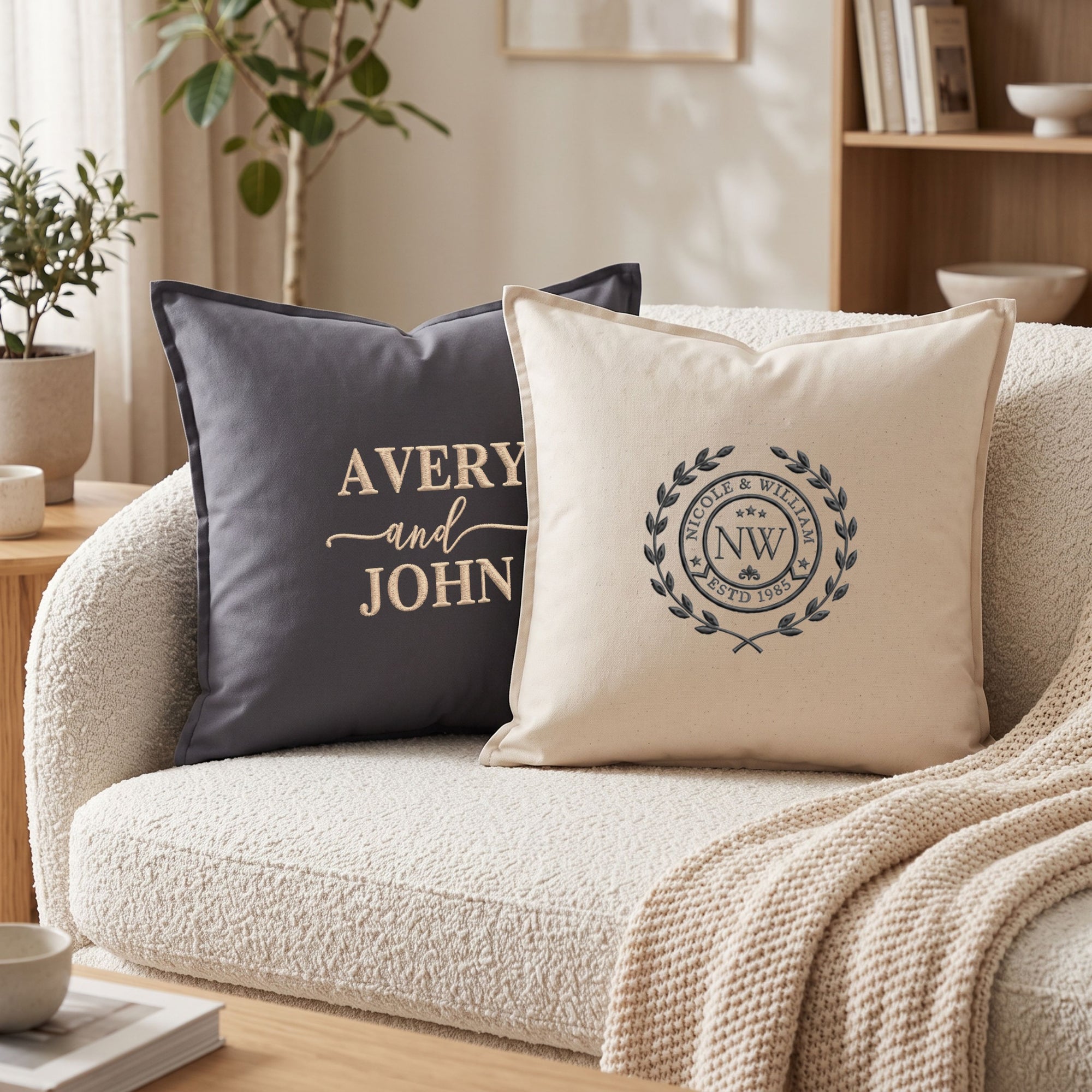 Personalised embroidered cotton cushion cover 50x50cm custom name monogram home decor gift