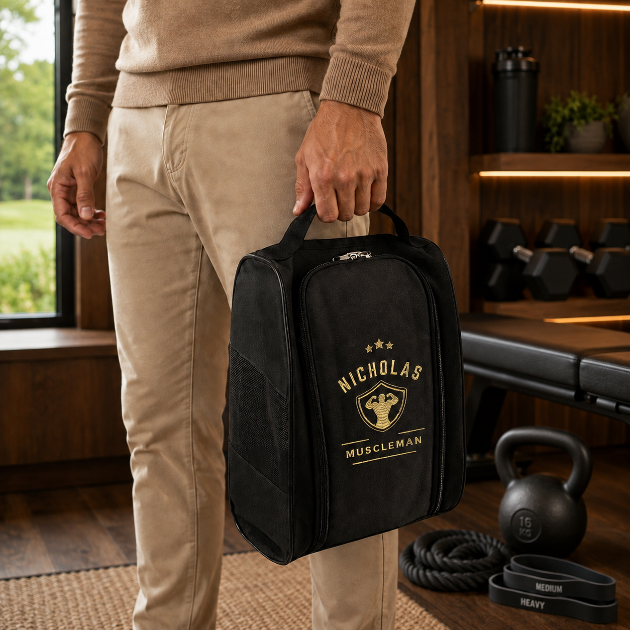 Personalised embroidered gym shoe bag in black with carry handle