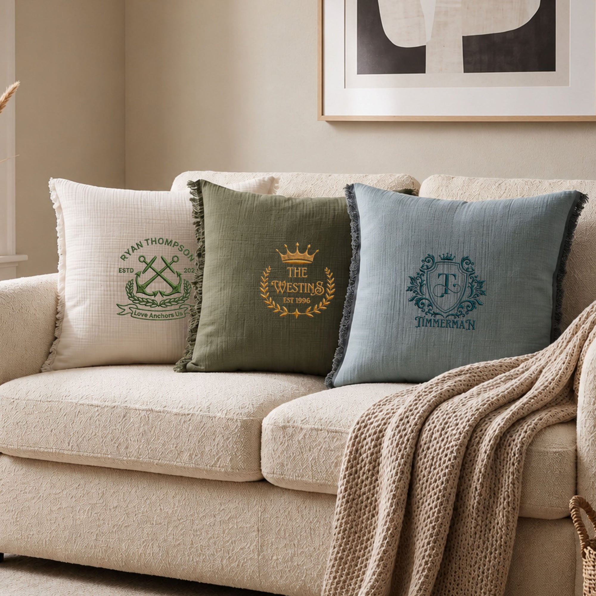 Personalised embroidered muslin cushion cover 50x50cm custom name monogram home decor gift