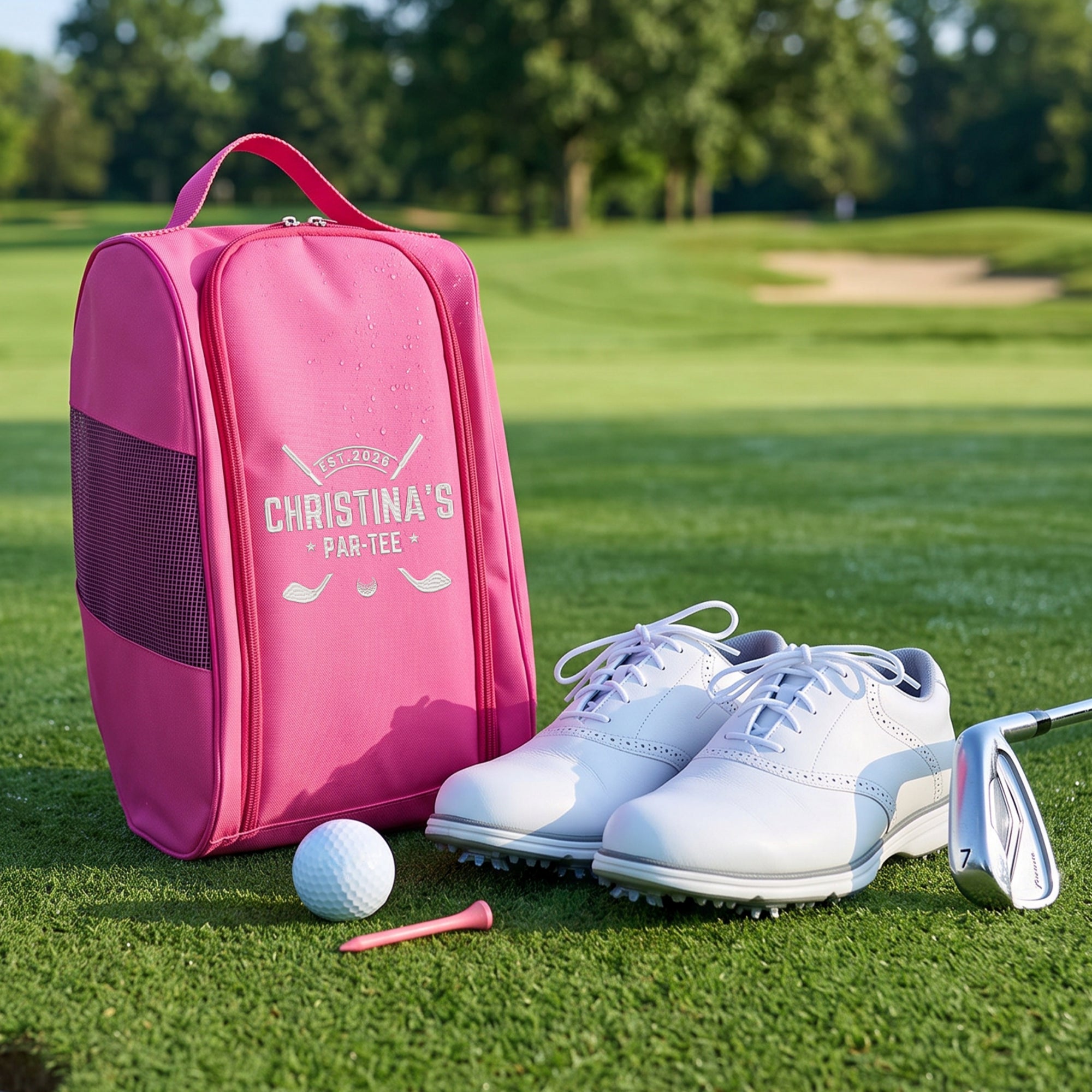 Personalised embroidered golf shoe bag in pink with custom name