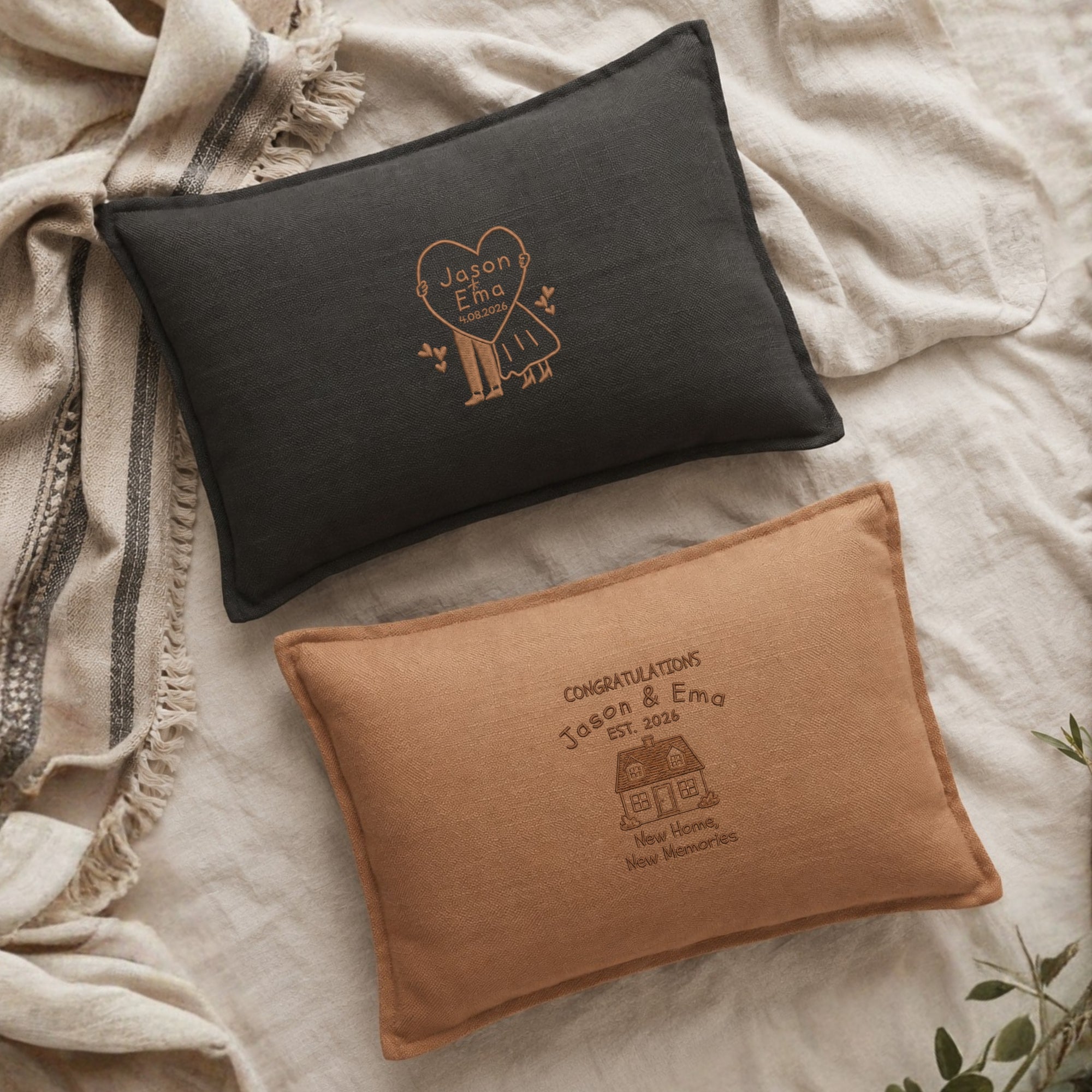 Personalised embroidered textured lumbar cushion cover pillowcase 40x58cm custom name home decor gift
