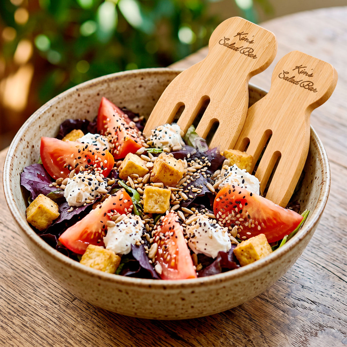 Custom engraved bamboo salad hand servers set of two