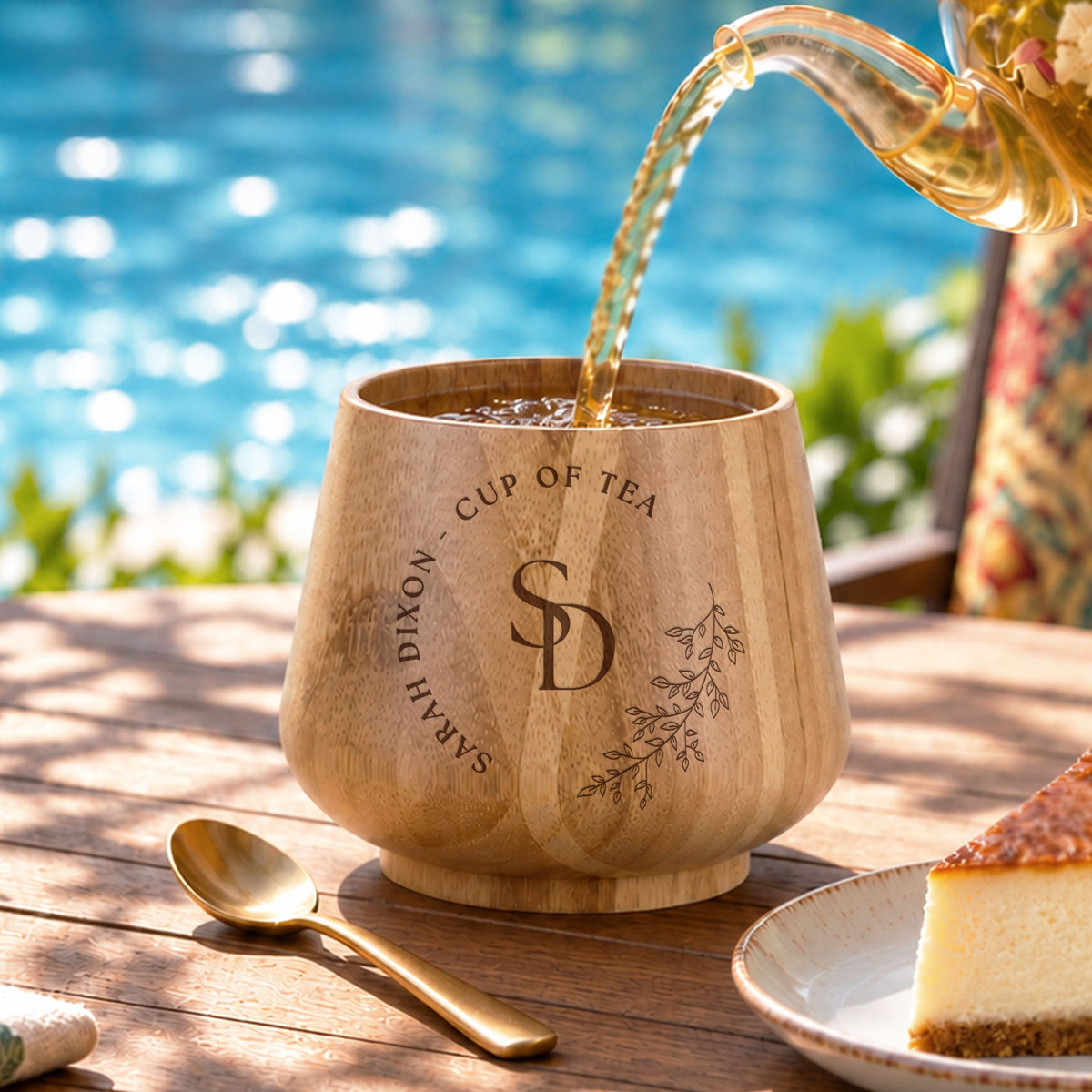 Personalised engraved bamboo cup with a monogram being filled with tea