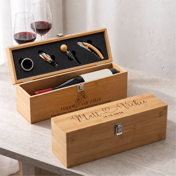 Personalised Engraved Single Bamboo Wine Box Gift Set with 4 Wine Accessories
