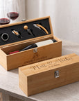 Personalised engraved bamboo wine box gift set with 4 wine tools and names