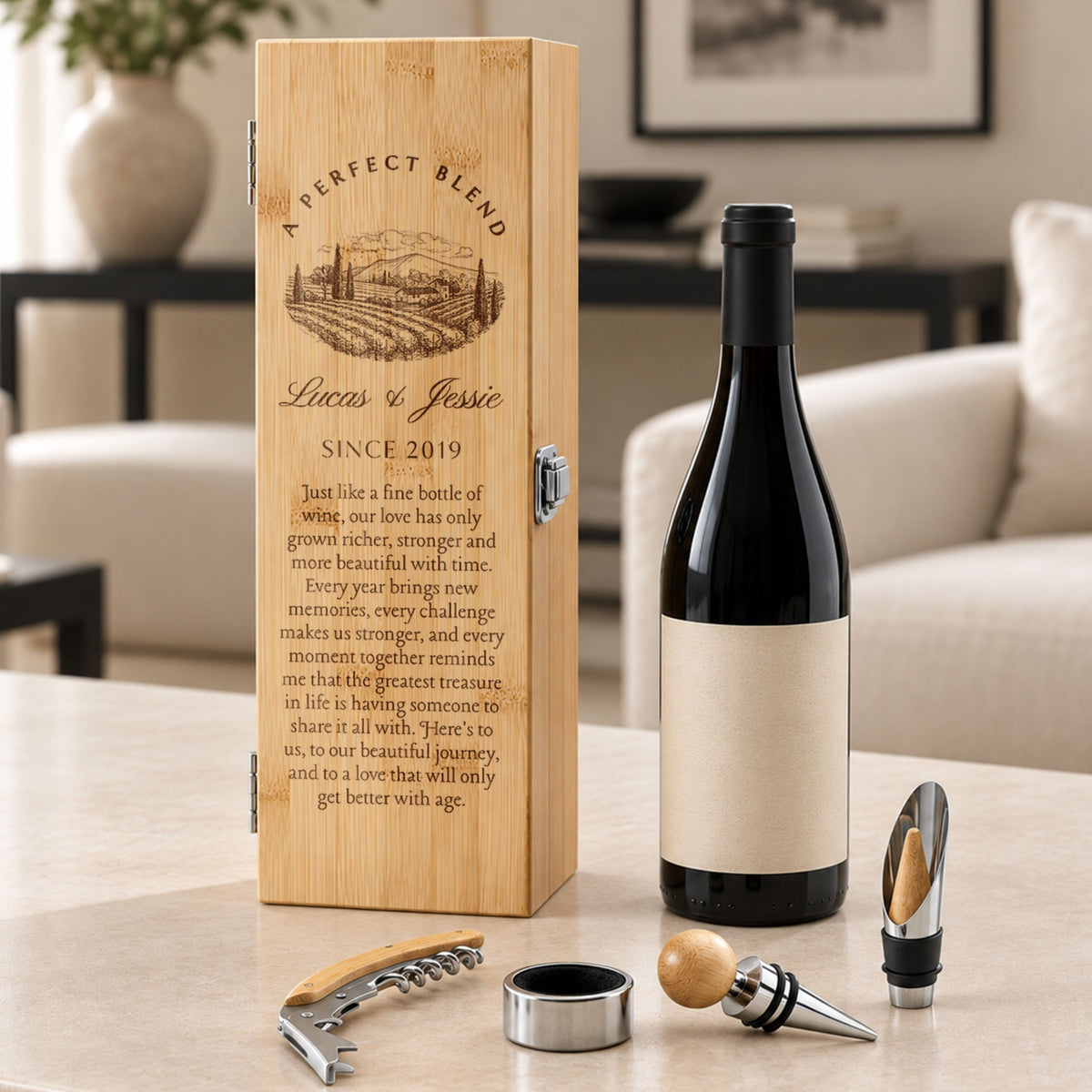 Custom engraved bamboo wine box with wine accessories open lid