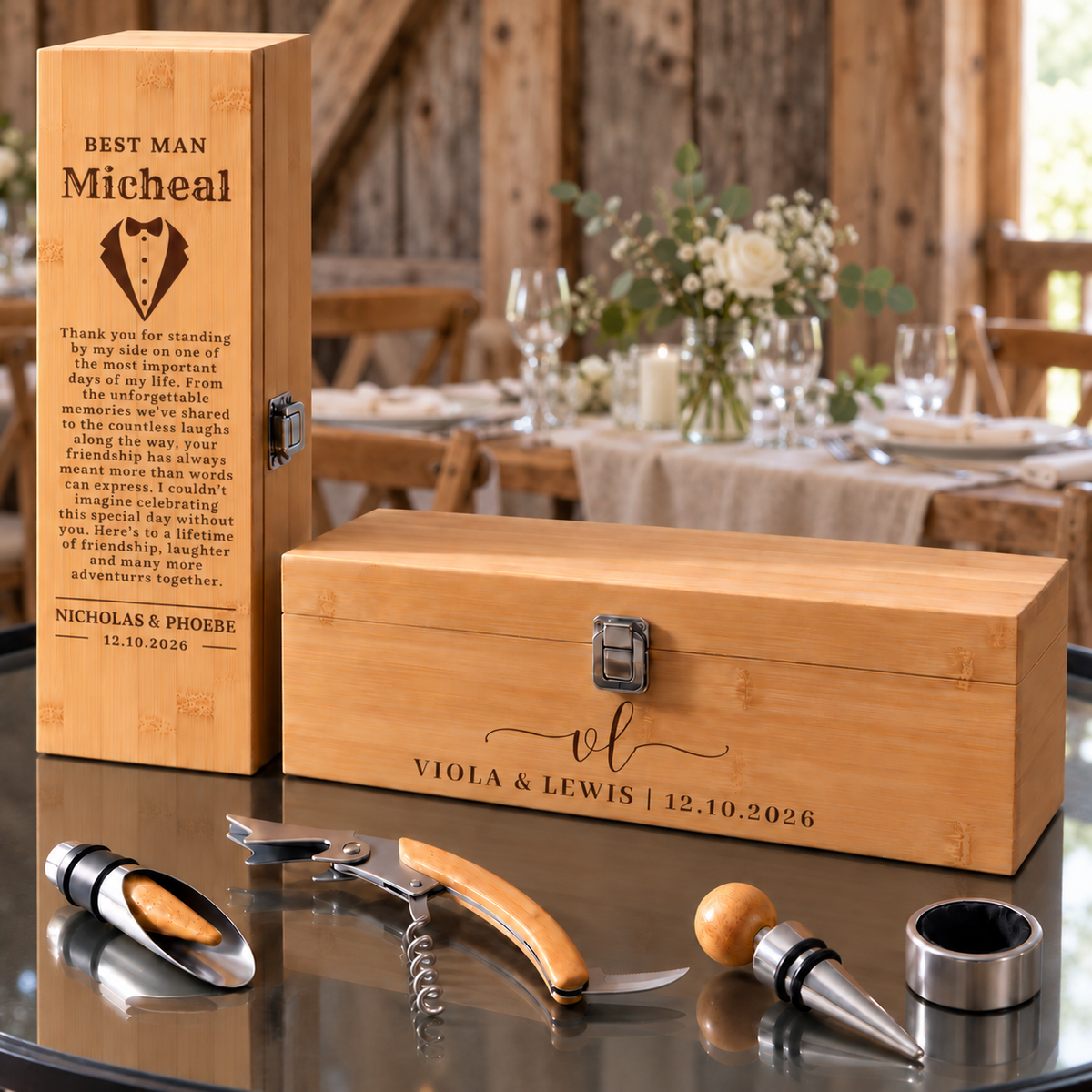 Rustic wedding personalised bamboo wine boxes gift
