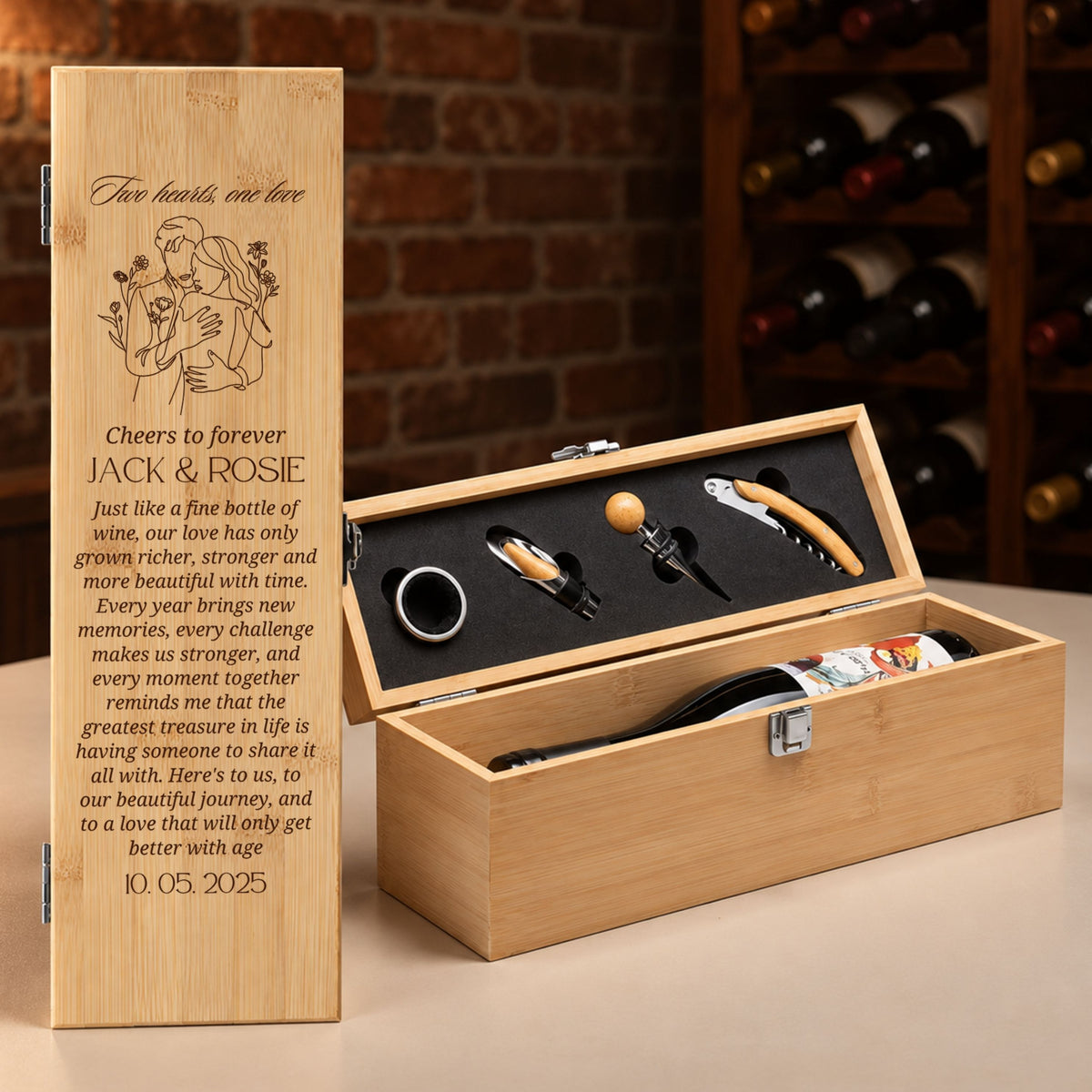 Engraved bamboo wine box groomsmen wedding gift with tool set