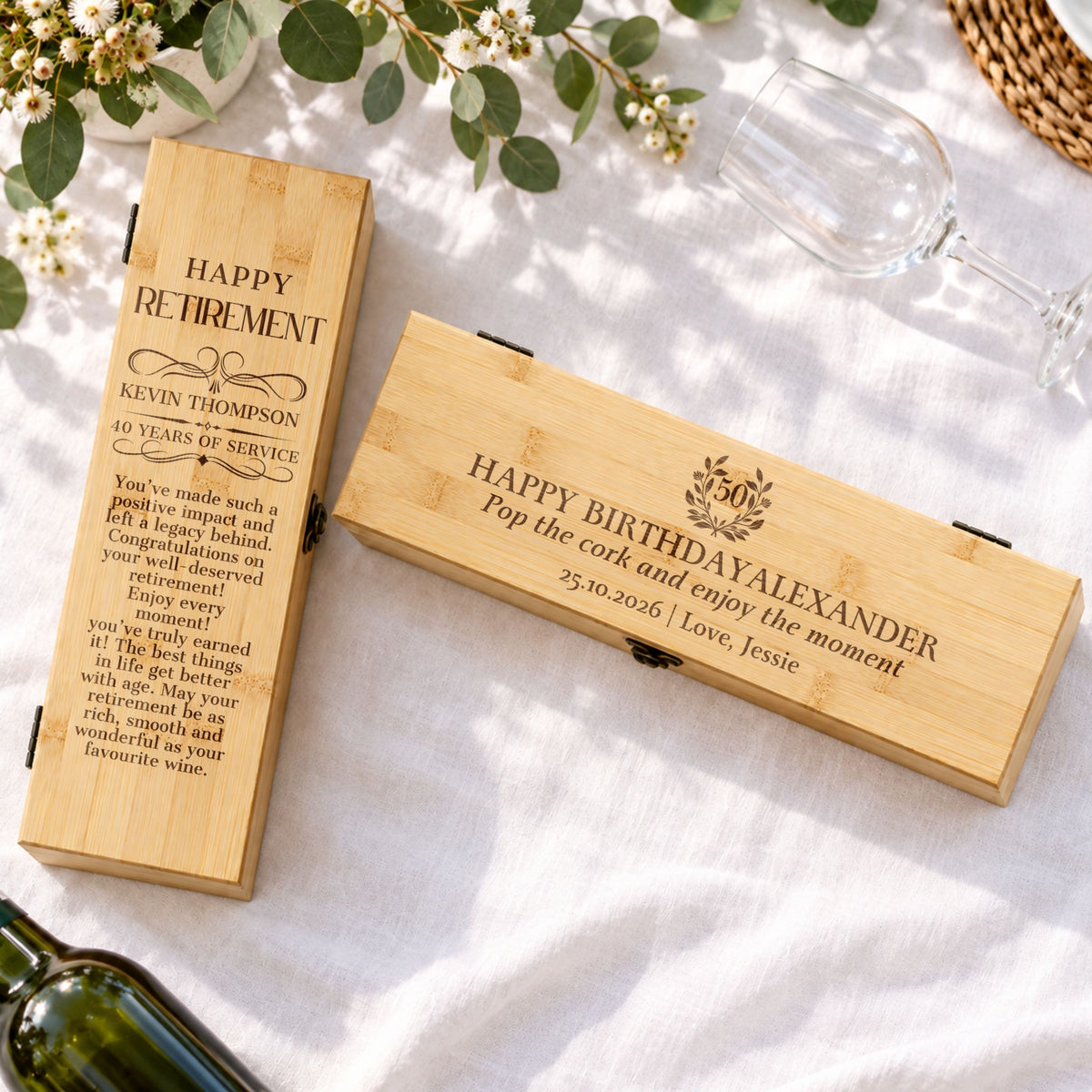 Personalised bamboo wine box tool set engraving detail