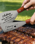 Personalised engraved stainless steel BBQ grill scraper with wooden handle