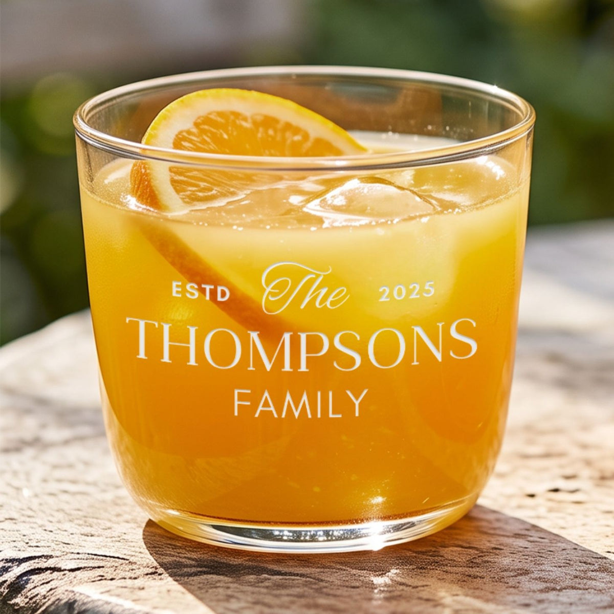 Personalised engraved beverage glass tumbler with juice and a family name