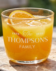 Personalised engraved beverage glass tumbler with juice and a family name