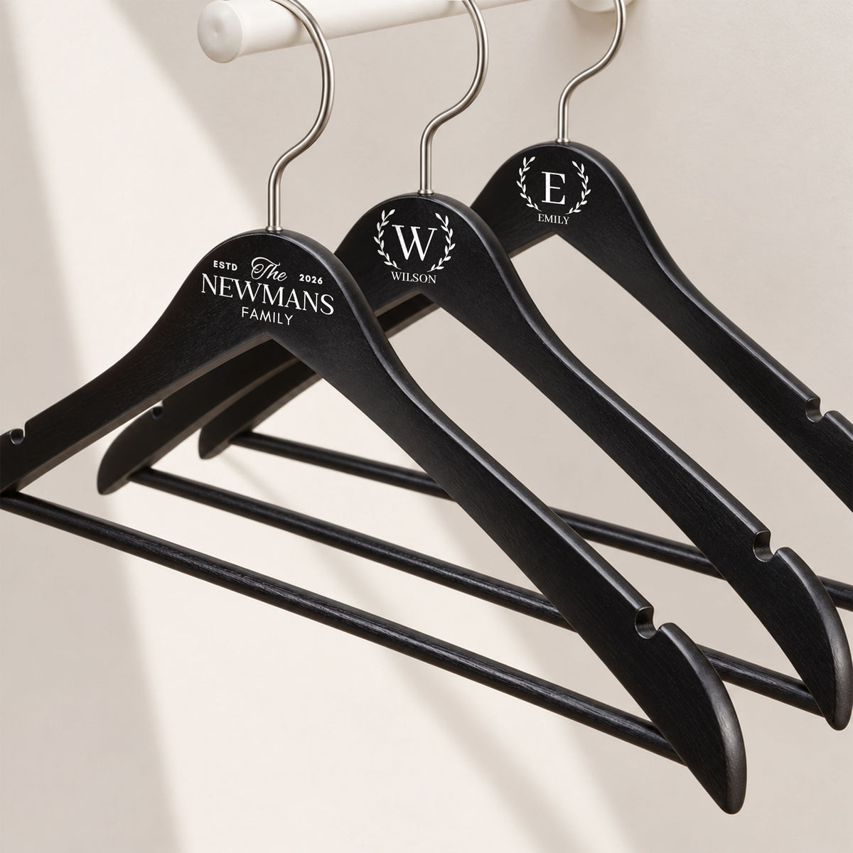 Custom engraved black wood coat hanger with trouser bar