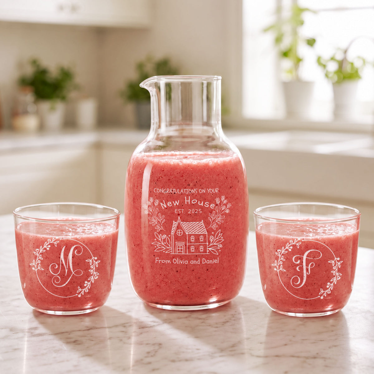 Personalised engraved glass carafe with two glasses and a smoothie, new home design