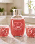 Personalised engraved glass carafe with two glasses and a smoothie, new home design