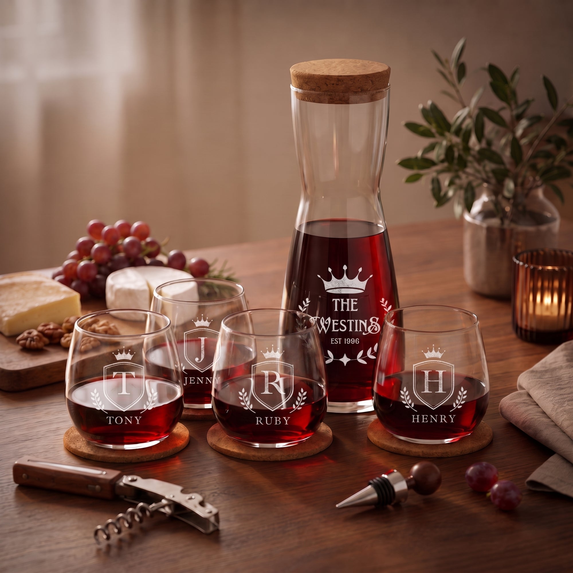 Personalised engraved carafe set with 4 glasses, cork coasters and cork lid