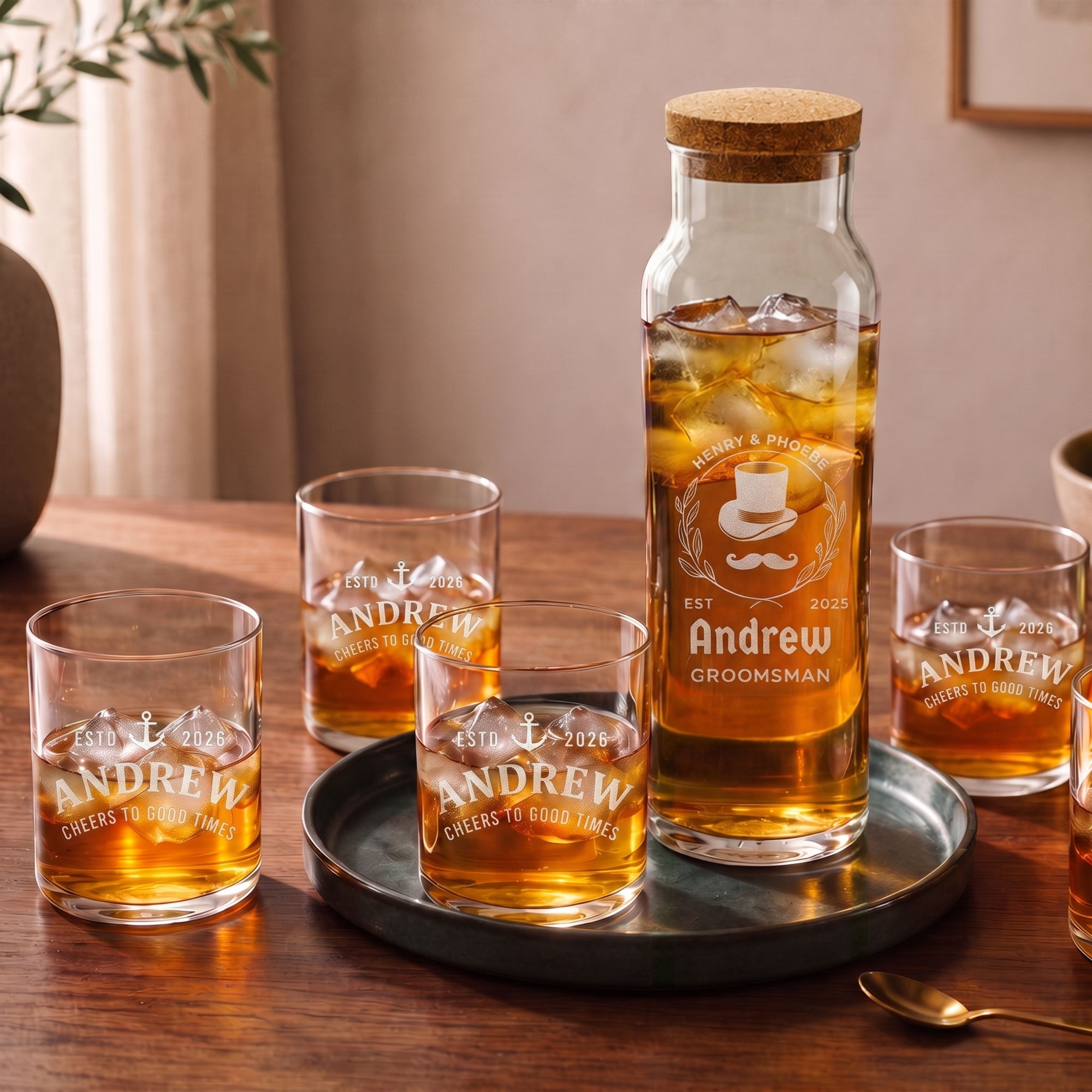 Personalised engraved carafe set with 4 glasses and cork lid