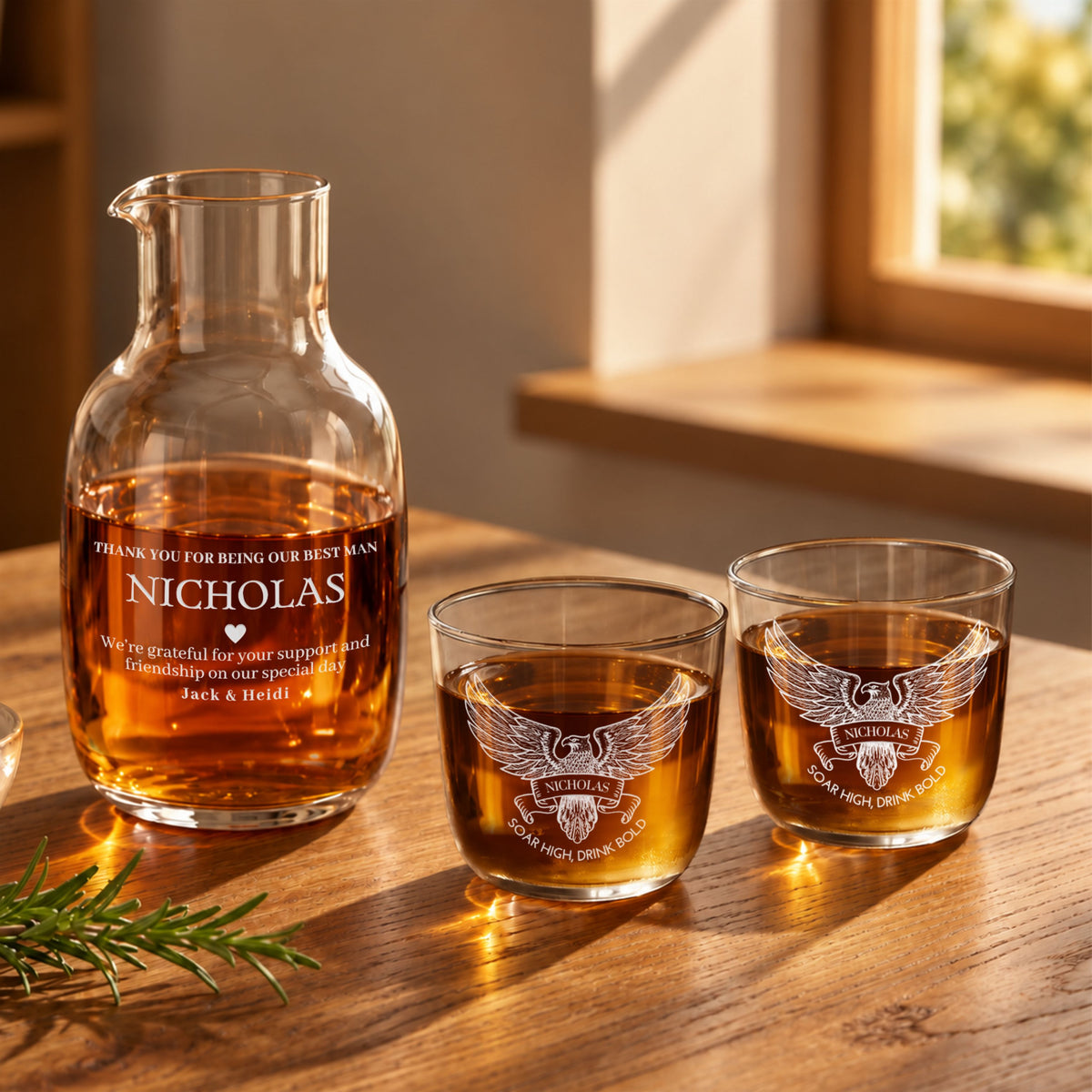 Personalised engraved glass carafe with two glasses and whisky, best man design