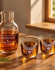 Personalised engraved glass carafe with two glasses and whisky, best man design