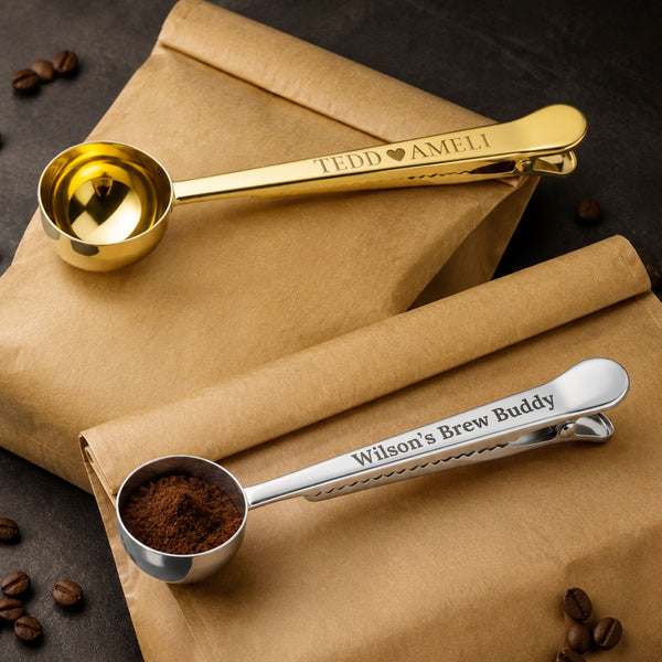 Personalised Engraved 2-in-1 Measuring Coffee Spoon with Bag Seal Clip