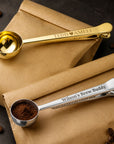 Personalised engraved coffee scoop with bag clip in gold and silver