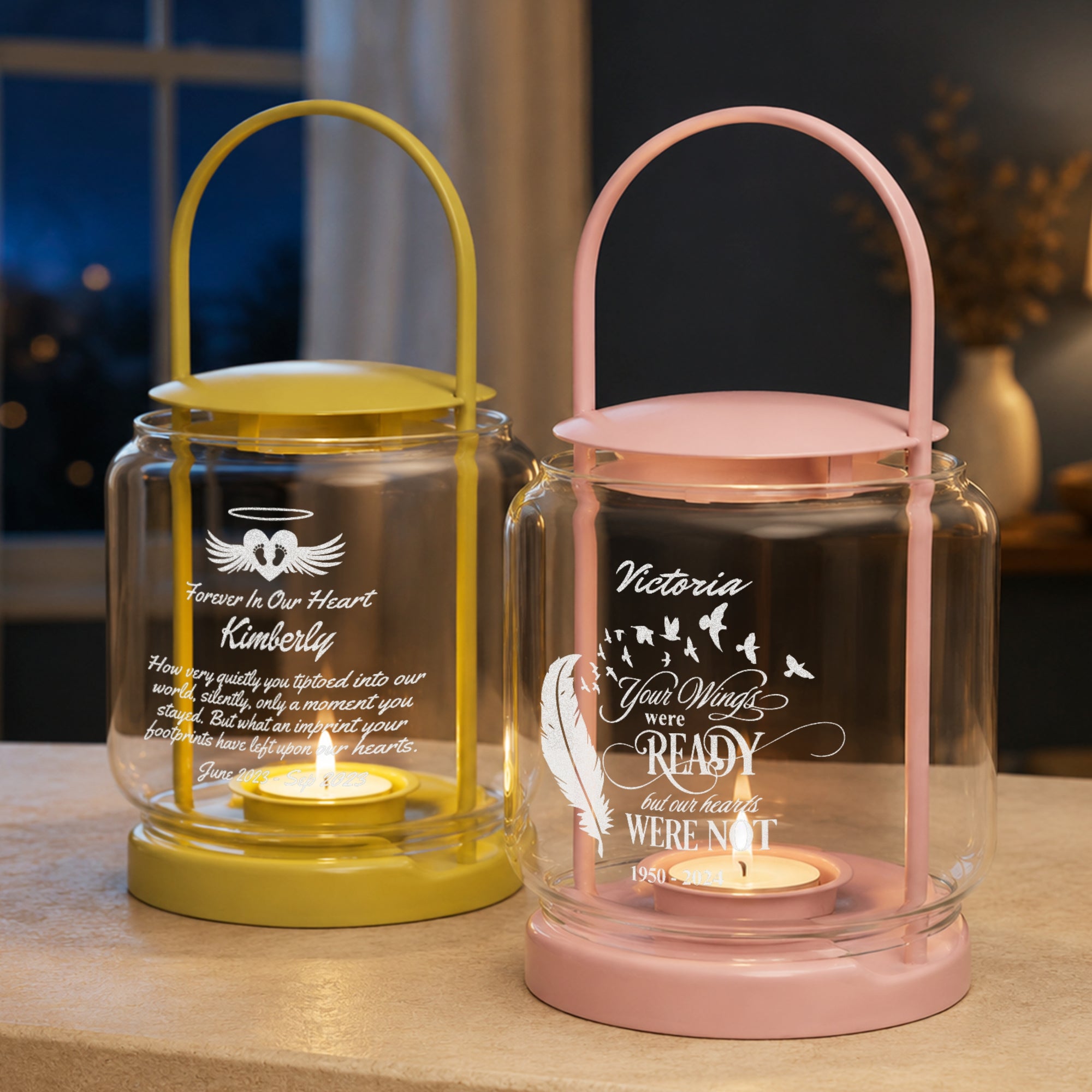 Personalised engraved cylinder glass memorial lantern with tealight – in loving memory keepsake in baby pink and yellow
