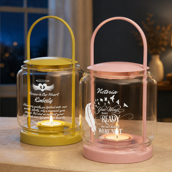 Personalised Engraved Cylinder Glass Memorial Lantern with Tealight – In Loving Memory