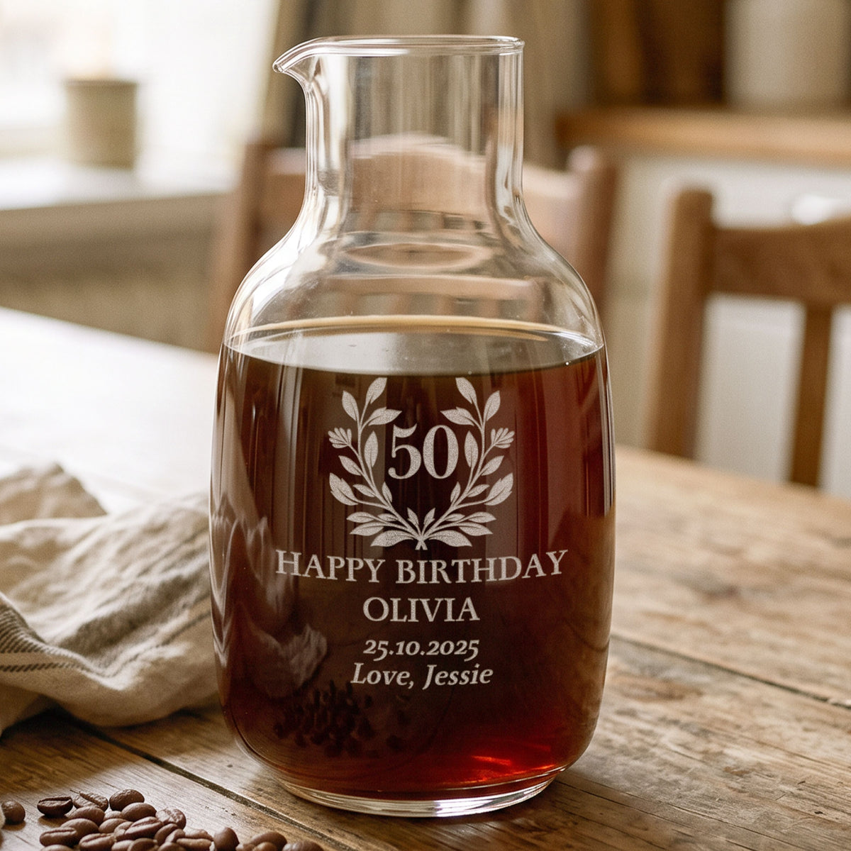 Personalised engraved glass carafe with a birthday design