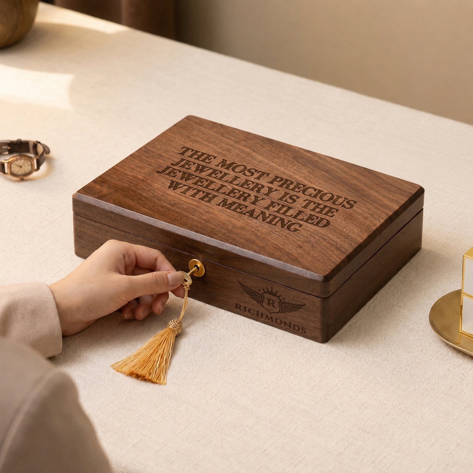 Personalised engraved wooden jewellery box with a custom message on the lid