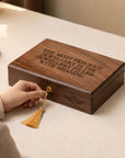 Personalised engraved wooden jewellery box with a custom message on the lid