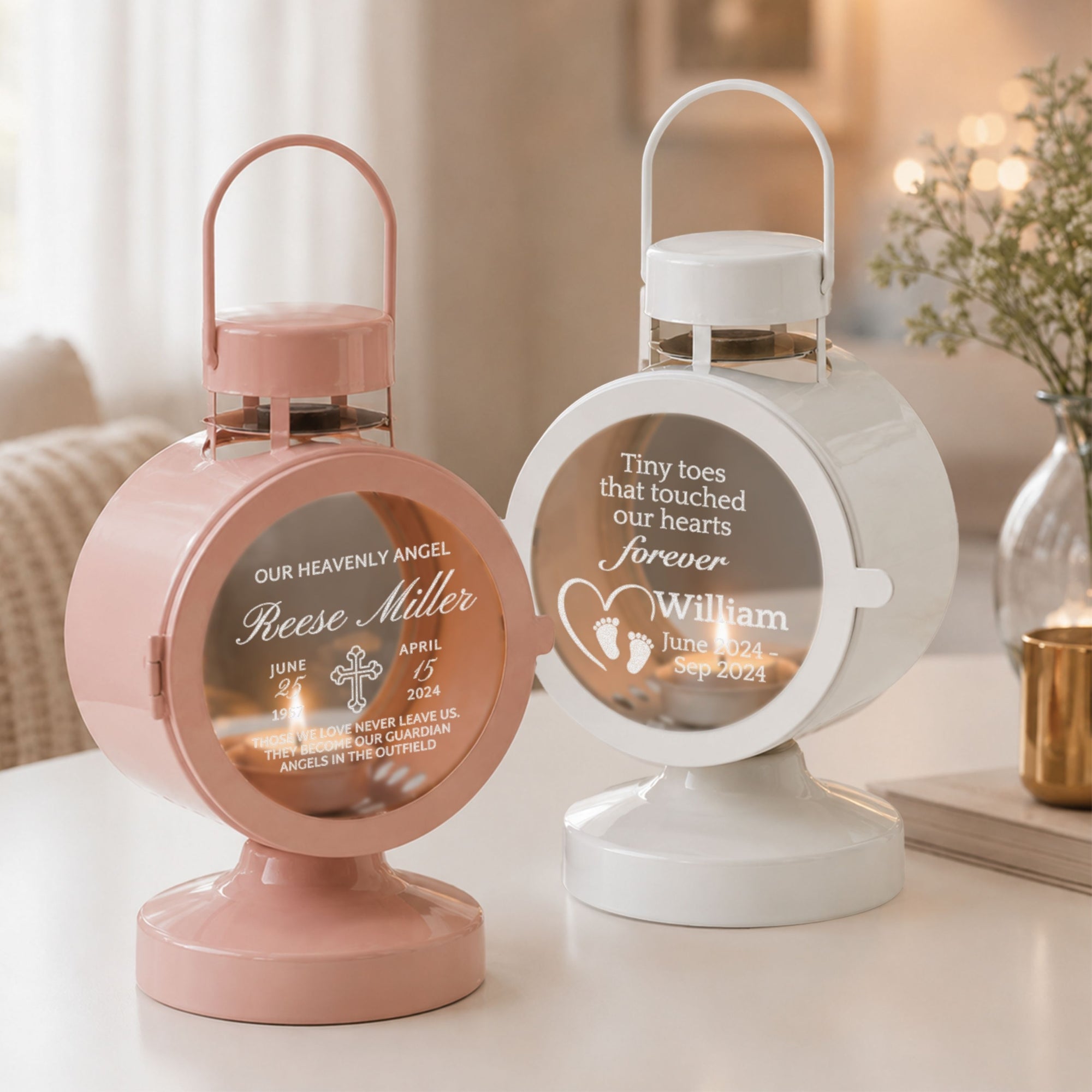 Personalised engraved memorial glass lantern with tealight – in loving memory keepsake in baby pink and white