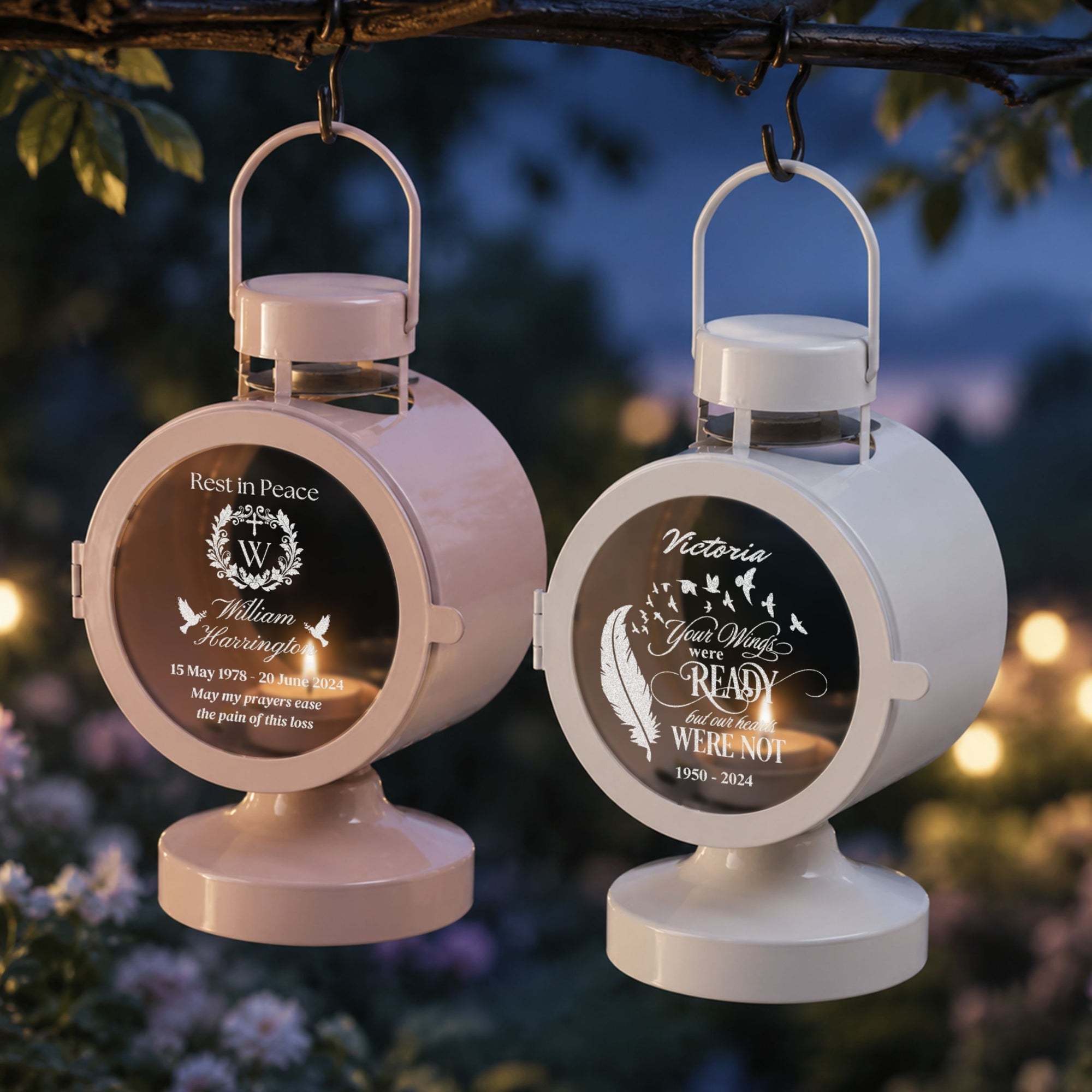 Personalised engraved memorial hanging glass lantern with tealight – in loving memory remembrance gift