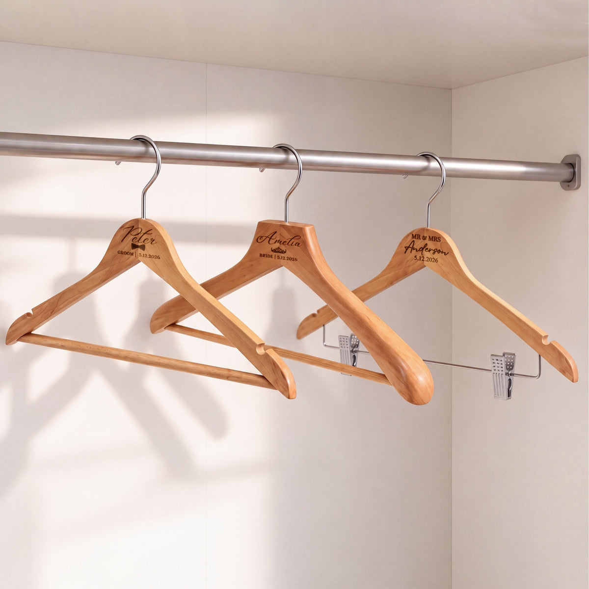 Personalised engraved natural beech wooden hangers – coat, clip and suit styles with names