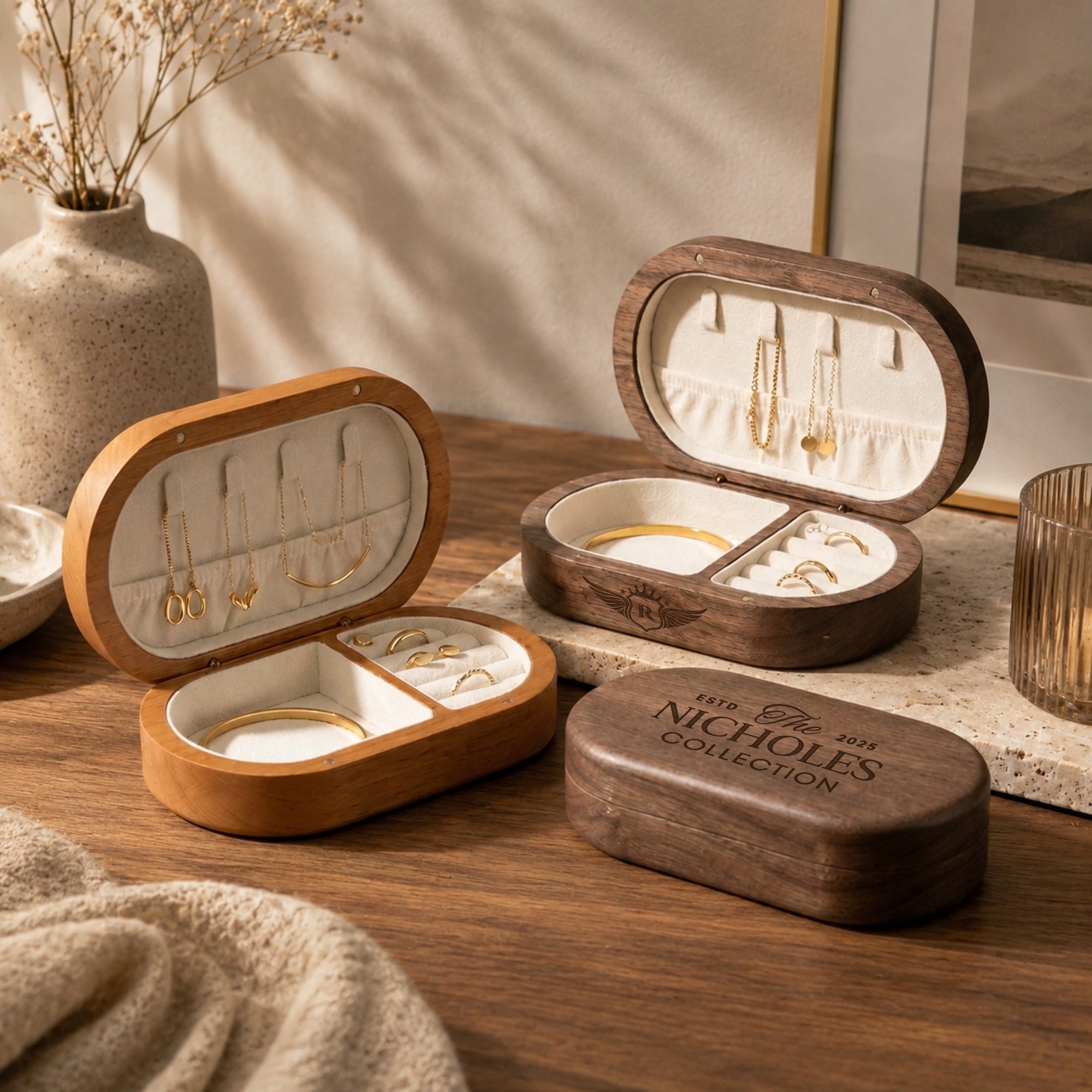 Personalised engraved oval wooden jewellery boxes in walnut and cherry