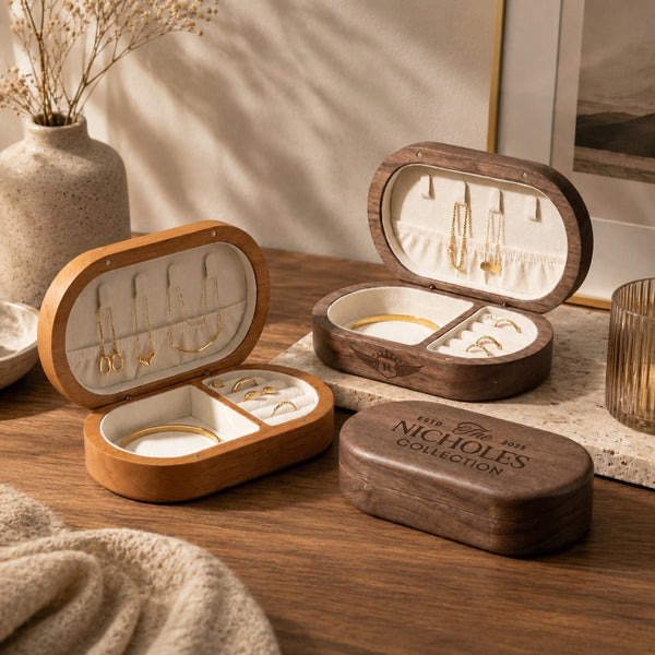Personalised Engraved Wooden Oval Travel Jewellery Box with Magnetic Lid