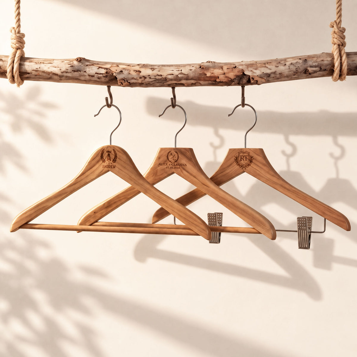 Personalised engraved red cedar wooden hangers – coat, clip and suit styles with names