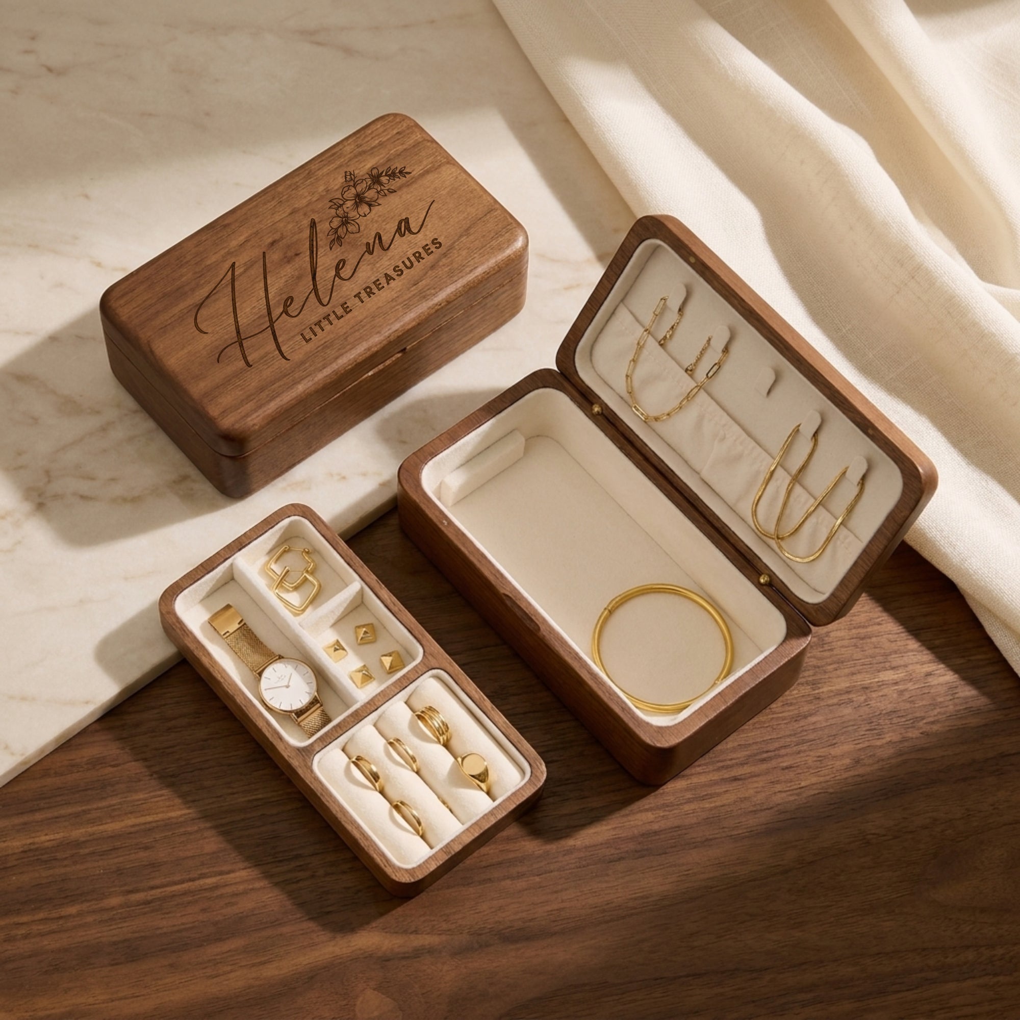 Personalised engraved walnut double-layer jewellery box open showing top box and lower tray