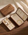 Personalised engraved walnut double-layer jewellery box open showing top box and lower tray