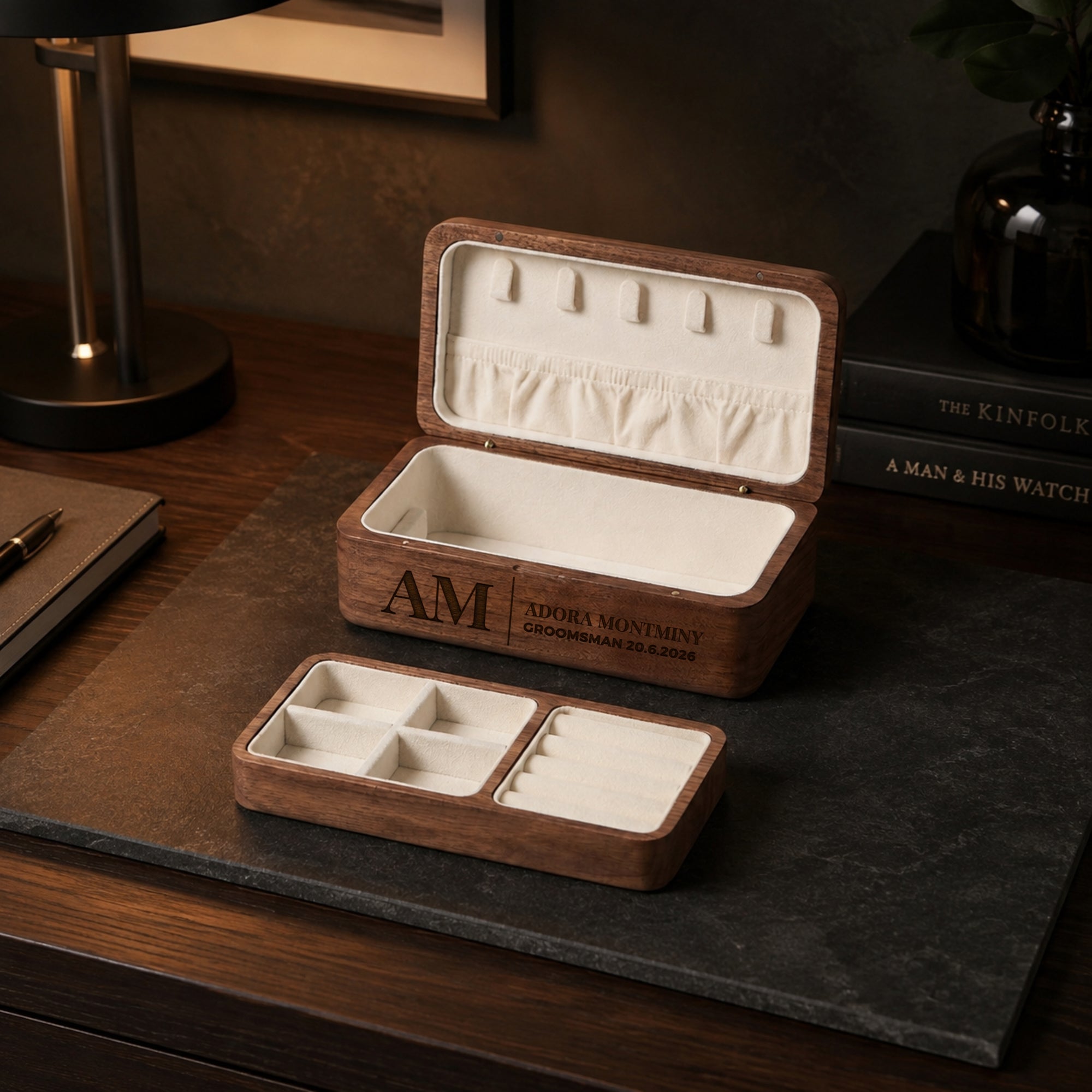 Personalised engraved walnut double-layer jewellery box with monogram on the lid